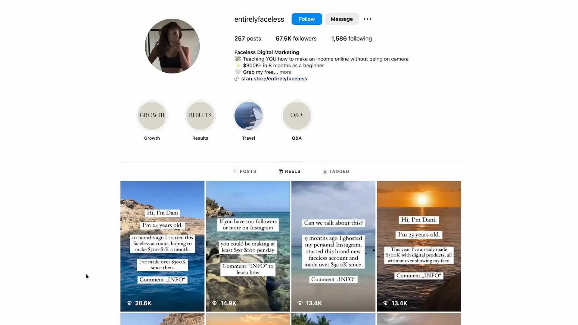 Comparaison de deux comptes Instagram faceless : un avec 1,5 million d'abonnés mais peu de revenus, l'autre avec 50 000 abonnés et un gros revenu