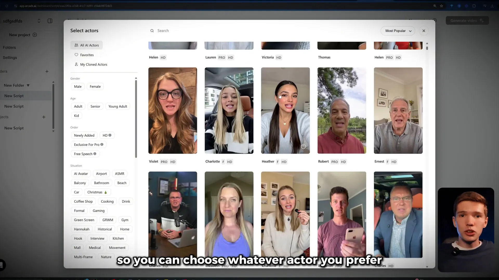 Sélection d'un avatar IA sur Arcadz AI